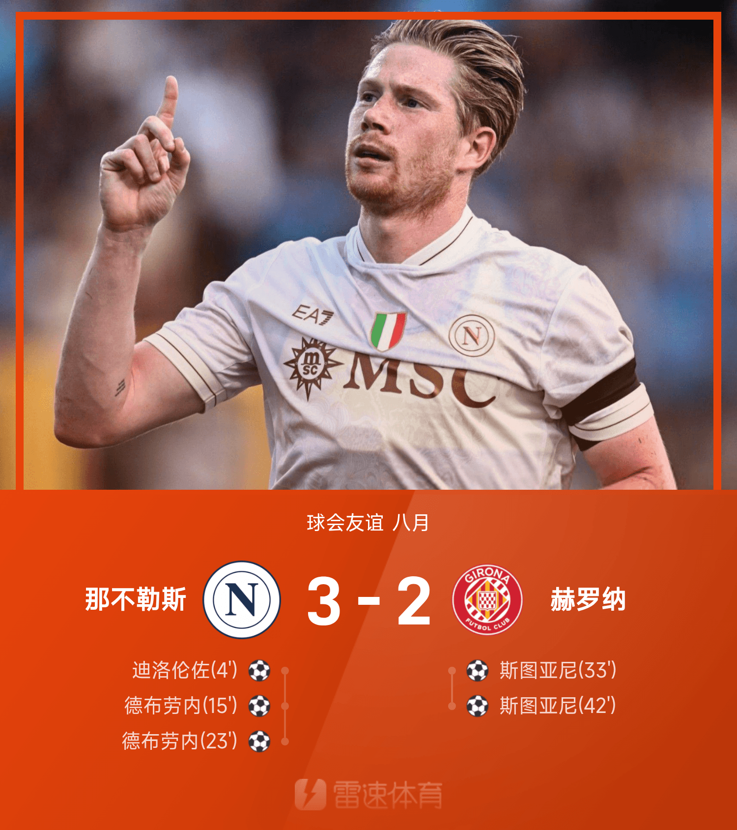星空体育APP-友谊赛战报：德布劳内与斯图亚尼双双梅开二度，那不勒斯3-2力克赫罗纳